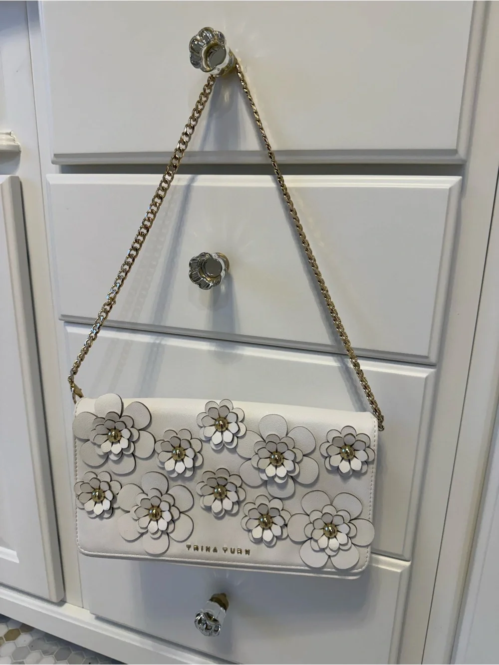Trina Turk White Floral Applique Shoulder Bag with Gold Chain Strap
